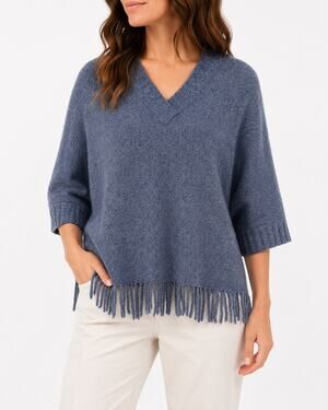NorthStyle Women's Blue Gray Lambswool V-Neck Fringe Poncho Sweater Size L Boho
